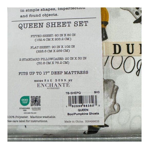 Rae Dunn Queen Sheet Set BOO Halloween Ghost Pumpkins Goth Witchy Decor NEW 2024 - Picture 6 of 8